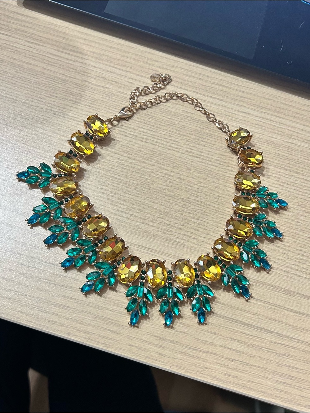 Gold-Tone Statement Necklace with Yellow and Teal Crystals